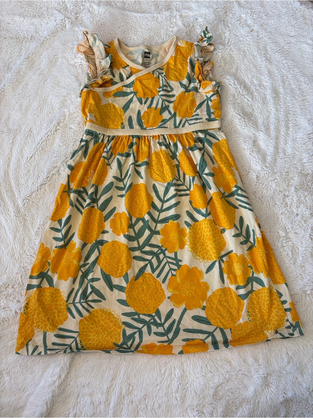 Tea Collection Yellow Floral Ruffle-Sleeve Cotton Dress